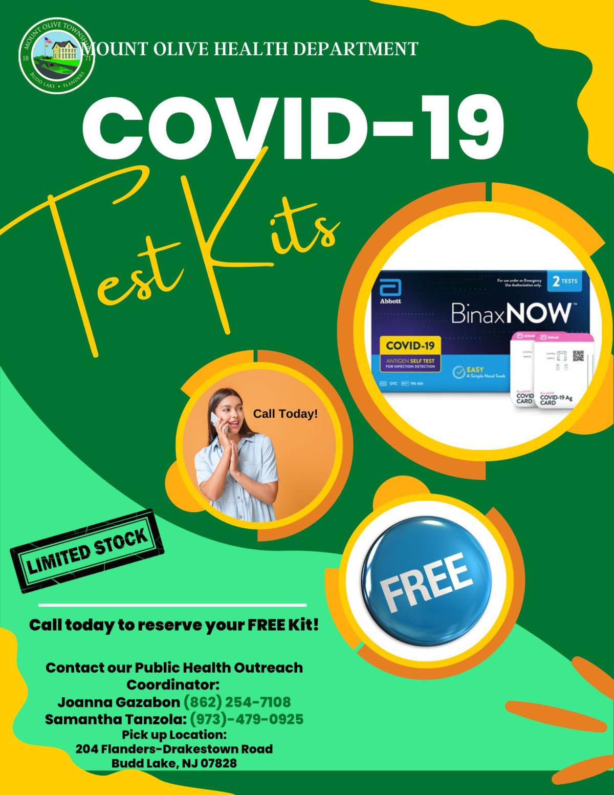 Flyer for free COVID 19 Test Kits. Contact the Public Health Coordinator at 862-254-7108 to reserve.