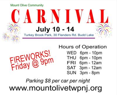 Carnival Sign reading July 10th to 14th at Turkey Brook Park